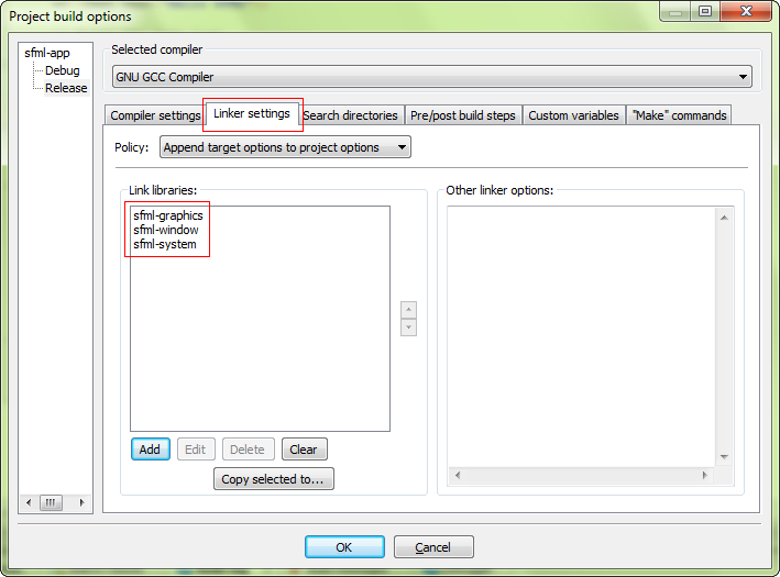 Screenshot of the dialog box for setting up the project's libraries