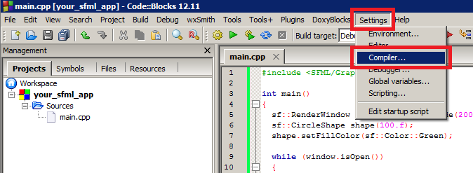 Screenshot of the Code::Blocks compiler settings menu entry