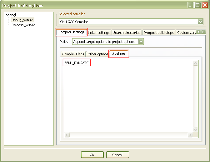 Screenshot of the dialog box for linking with dynamic libraries