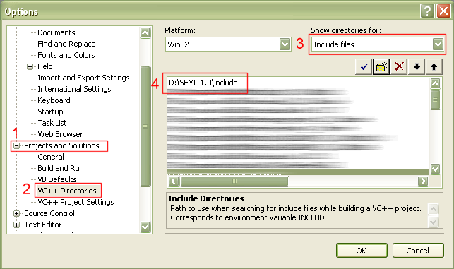 Screenshot of the dialog box for setting up the include path