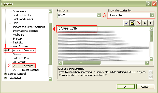 Screenshot of the dialog box for setting up the library path