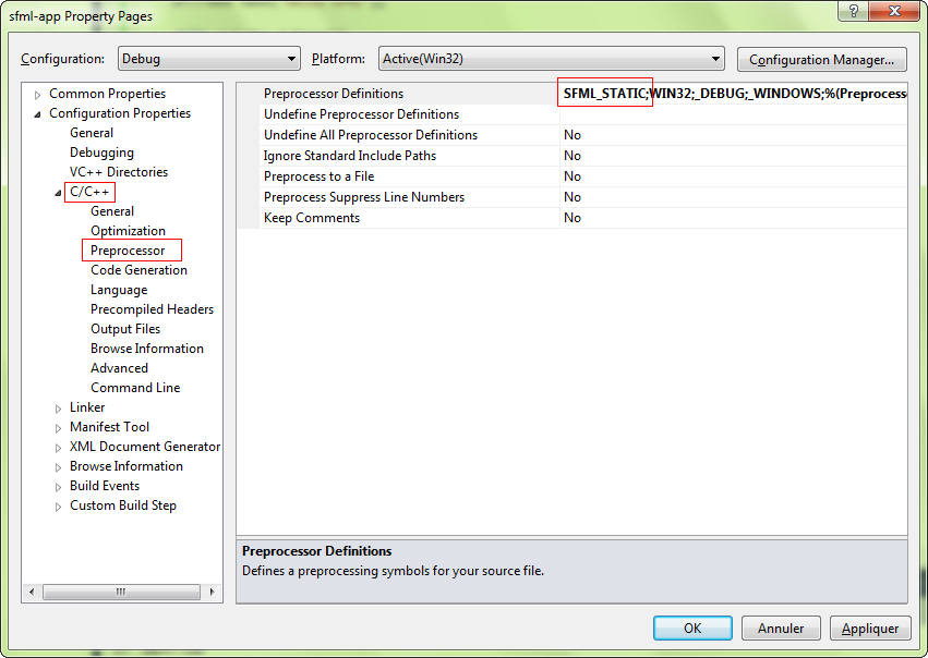 Screenshot of the dialog box for defining the SFML_STATIC macro