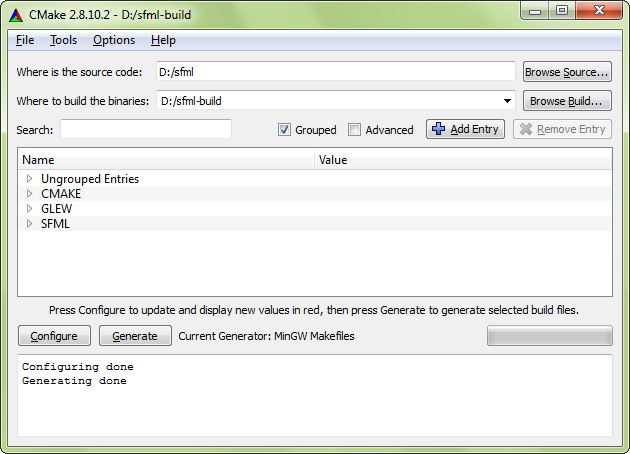 Screenshot of the cmake-gui window after generate
